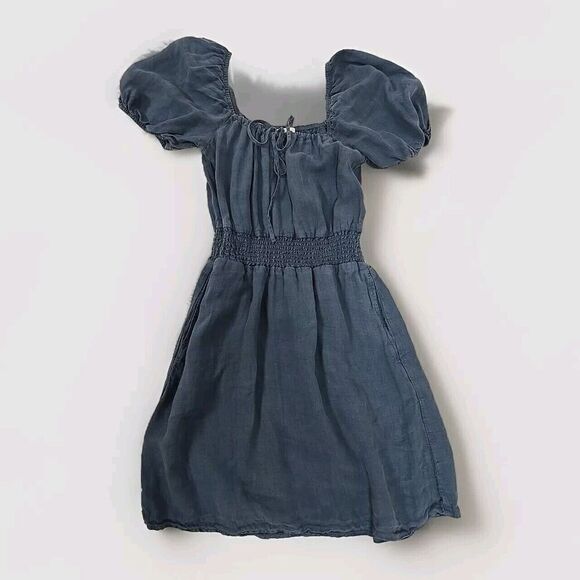 Anthropologie Cloth And Stone Linen Tie Front Mini Dress Pockets Blue Size XS - Picture 7 of 11